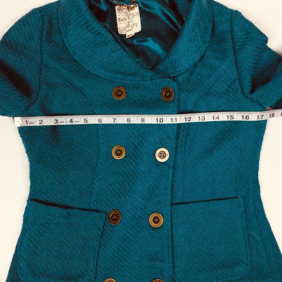 Anthropologie Tulle Tweed Coat Double Breast Wool Blend Teal Winter XS - Picture 4 of 7